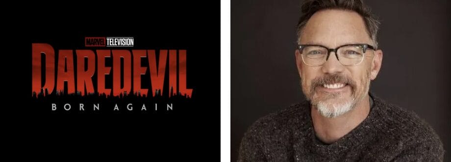 Daredevil: Born Again" logo on left; man with glasses, beard, and gray sweater smiling on right, hinting at Matthew Lillard's mysterious role.