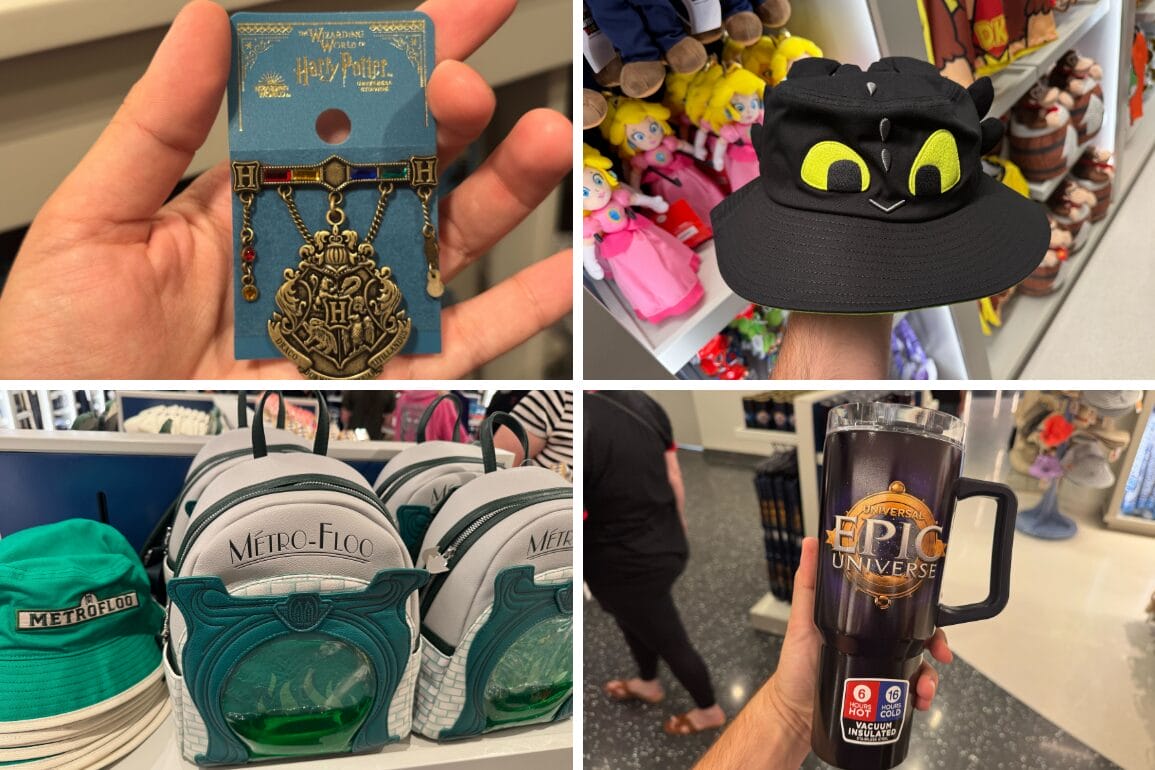 A collage of souvenir items: a Harry Potter keychain, a bucket hat with dragon eyes, Metroid-themed backpacks, and an Epic Universe drink cup proudly highlighting the adventure displayed in a store.