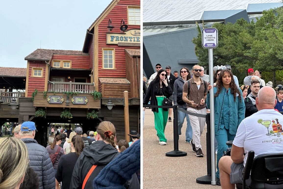 People waiting in lines at a theme park. On the left, a crowd gathers near a rustic building, perhaps for Tiana's Bayou Adventure. On the right, people stand in line near a rope queue with a 'Lightning Lane' sign, discussing the wait times for Guardians of the Galaxy: Cosmic Rewind.