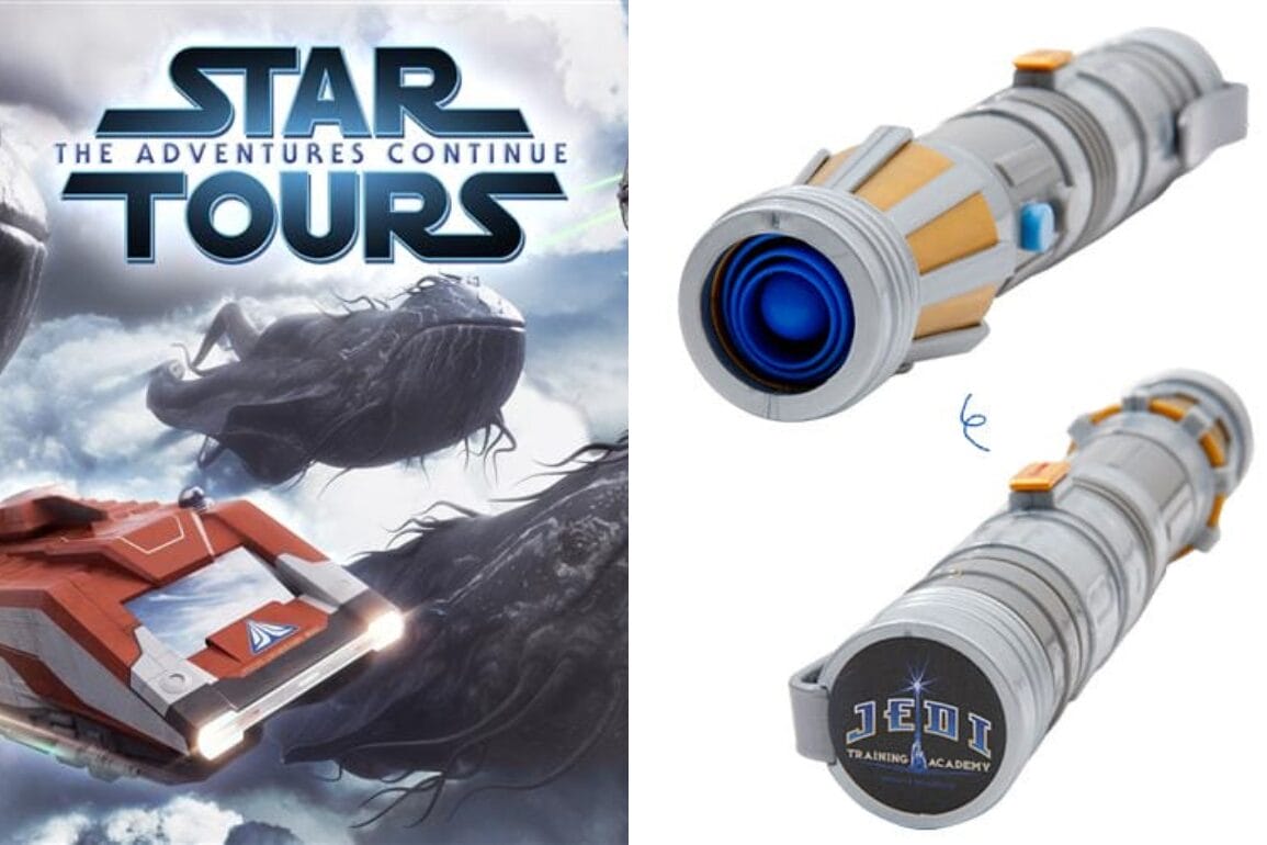 Split image: Left shows the "Star Tours: The Adventures Continue" poster with a starship at Tokyo Disney Resort. Right displays two views of a "Jedi Training Academy" toy lightsaber.