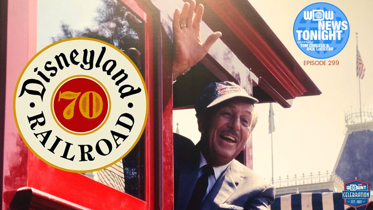 A man waves joyfully from a red train adorned with the Disneyland Railroad 70th anniversary logo, capturing a moment that feels as enchanting as Disney Parks Valentines.