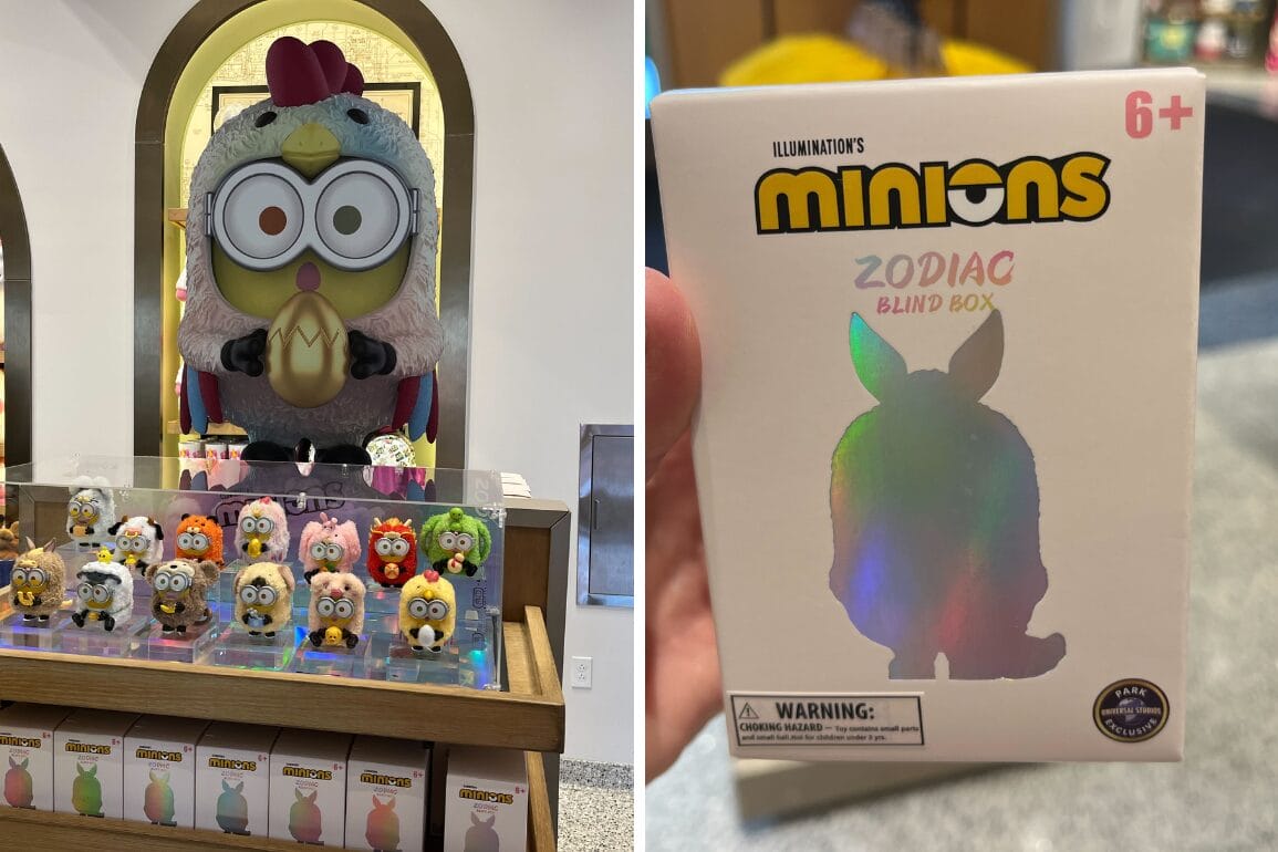 A delightful display of toy Minion figurines, each dressed as a different zodiac animal, captures the eye. A hand holds a box labeled "Minions Zodiac Blind Box 6+," hinting at the surprise within—perfect for collectors and fans. Find them at Universal Orlando Resort for an unforgettable experience.