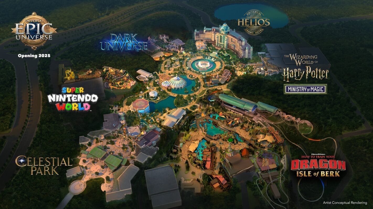 Aerial view of Universal's Epic Universe theme park layout, including areas like Dark Universe and Super Nintendo World. Get ready for a spellbinding adventure in The Wizarding World of Harry Potter and explore the Dragon Isle of Berk. Team Member Previews reveal secrets before opening day!.