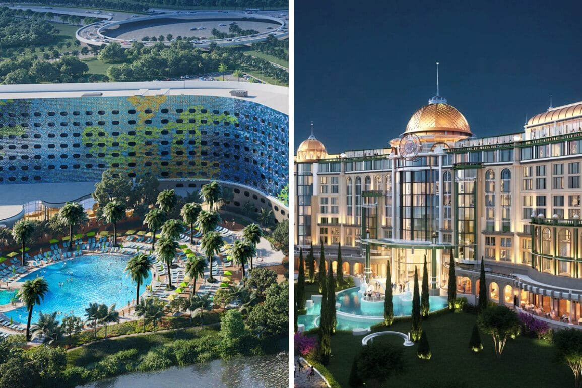 Two modern, luxurious hotels: the left features a round pool with palm trees, and the right boasts an opulent facade with a central dome and fountains. Both are part of Epic Universe Hotels, offering rooms available just in time for Park’s Opening Week.