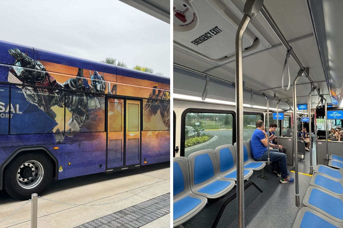 Left: A bus with a Transformers graphic on the side, part of the Universal Orlando Resort fleet. Right: Interior of the same bus showing passengers seated, featuring gray and blue seats.