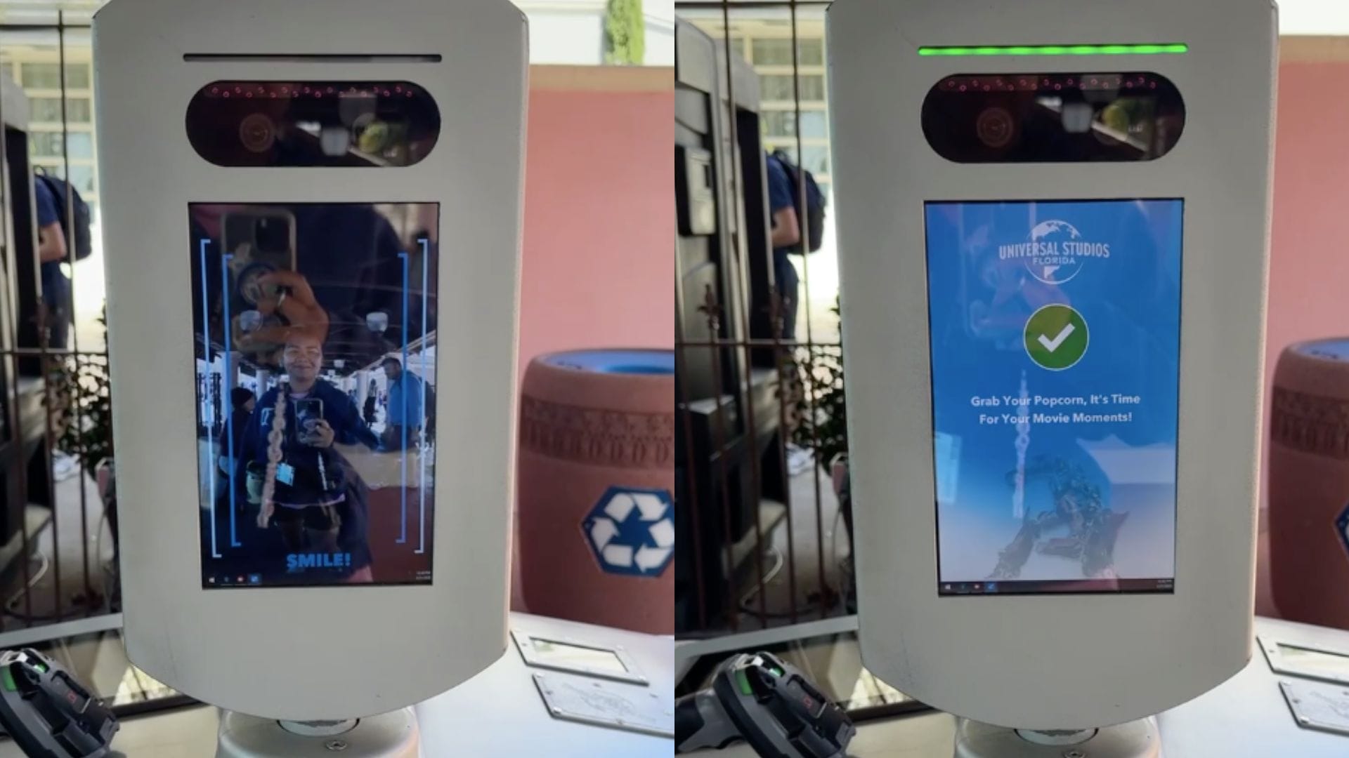 A photo of a kiosk with a screen at Universal Studios Florida; the left side displays a smiling person being recognized, while the right side shows a confirmation message with a checkmark, showcasing the convenience of ticketless entry for Annual Passholders.