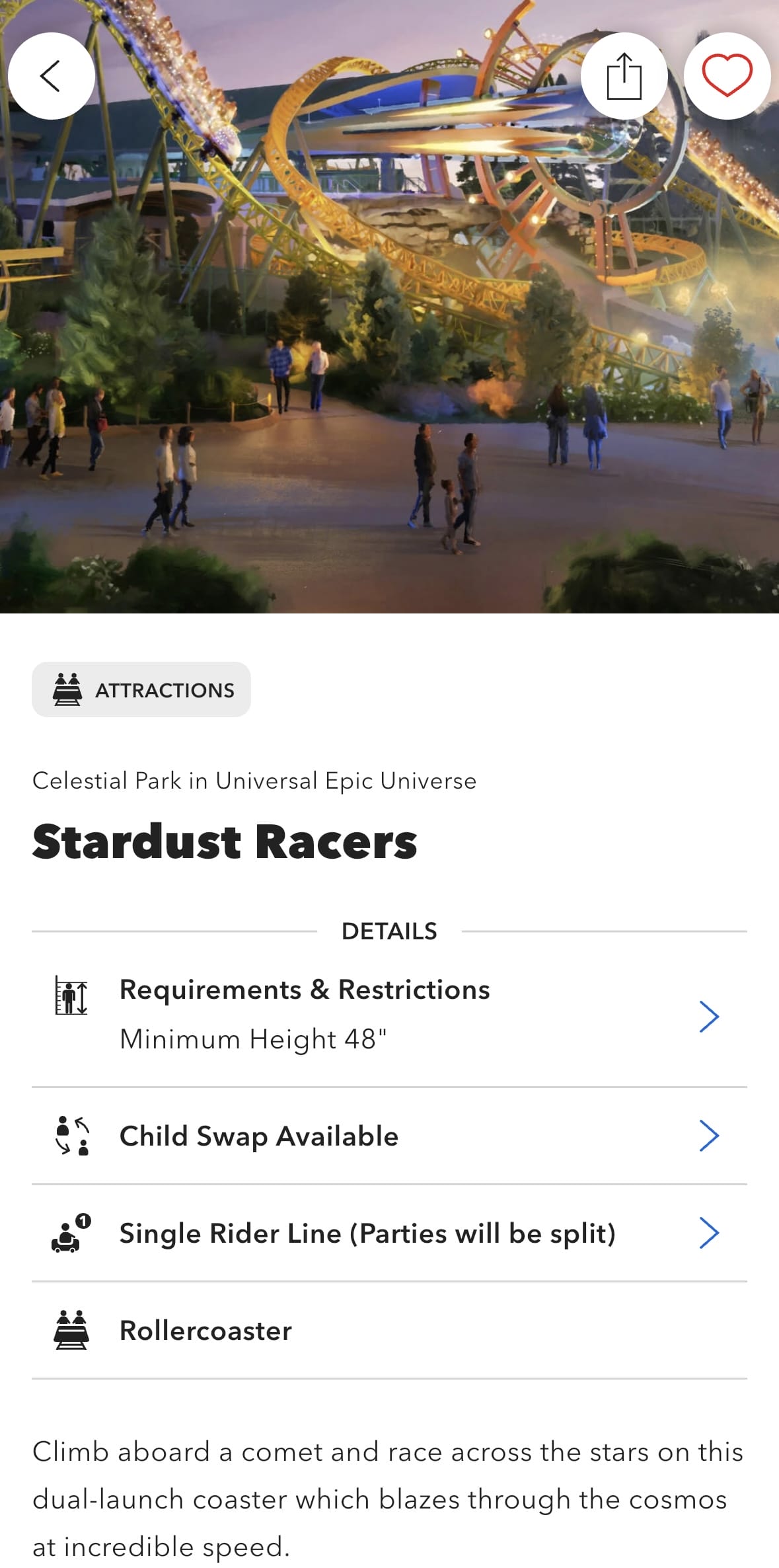 Roller coaster at Celestial Park, Universal Epic Universe, labeled "Stardust Racers." Includes ride details such as height requirement and Single Rider Line.