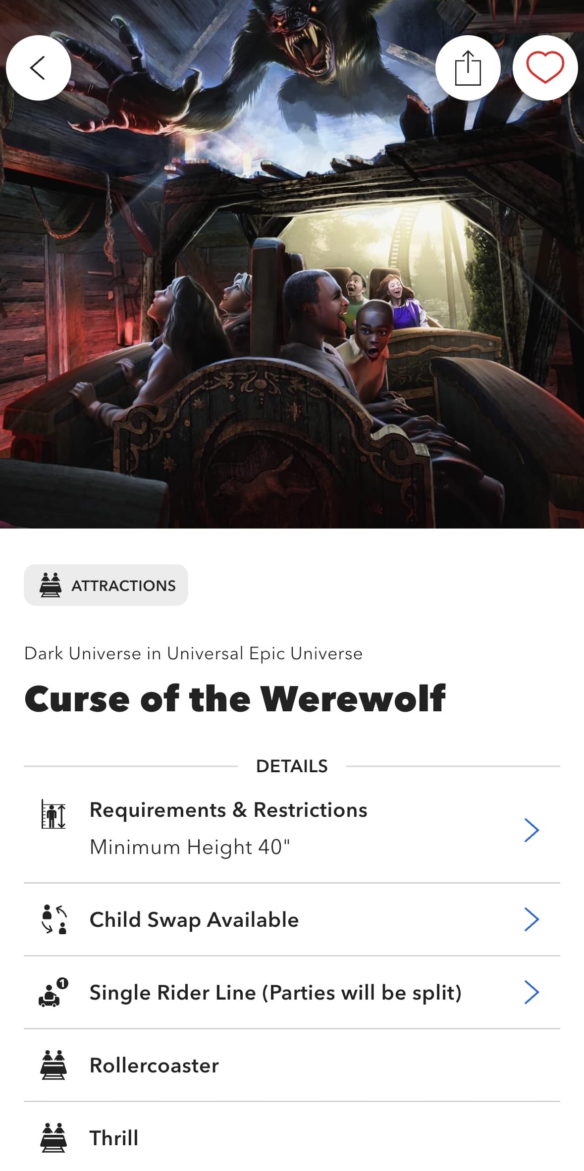 Visitors seated on a werewolf-themed rollercoaster ride in a dark setting, with a towering werewolf figure above them.