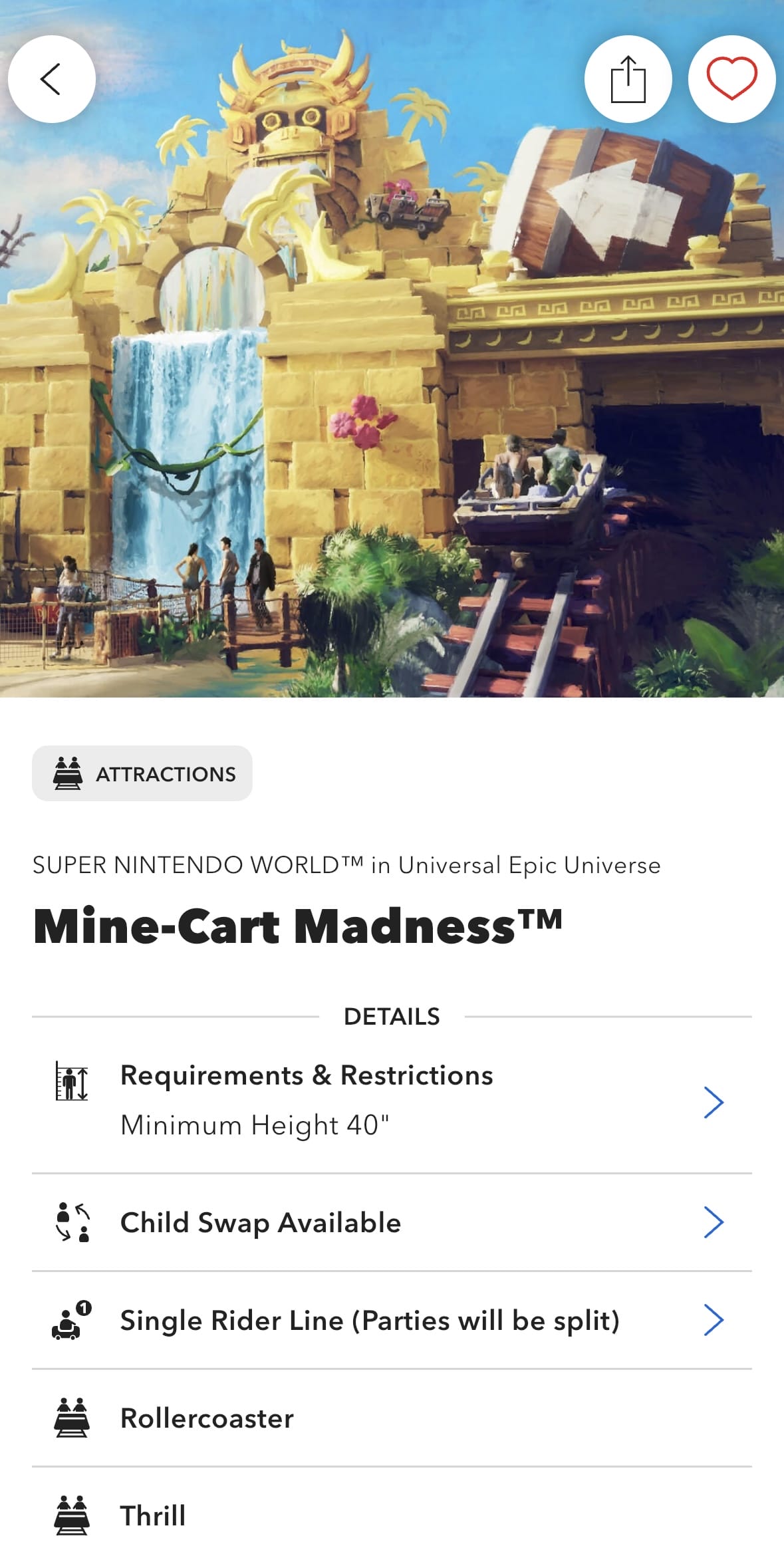 Illustration of a ride named "Mine-Cart Madness" at Super Nintendo World. People in a mine-cart and onlookers are depicted against a stone structure with a waterfall and greenery.