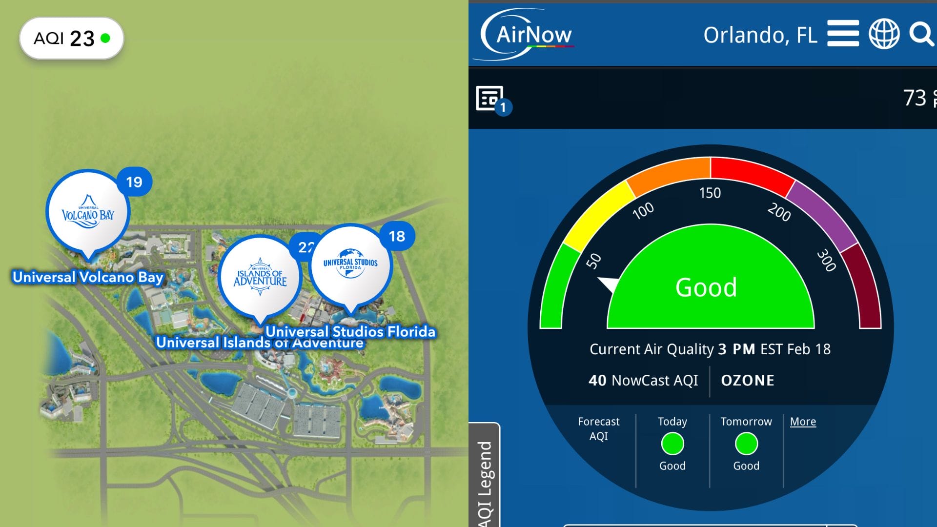 A split-screen image displays a map of Universal Orlando parks via the Universal Orlando Resort app on the left and an air quality index reading of 23, labeled as "Good," for Orlando, FL, on the right.