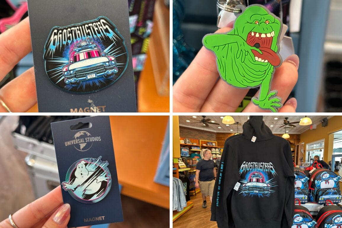 Discover the new collection of Ghostbusters merchandise at Universal Studios Florida, featuring magnets of the iconic logo, Slimer, and the Ecto-1 car. Don't miss out on the sleek black hoodie with matching designs displayed in a vibrant store setting.