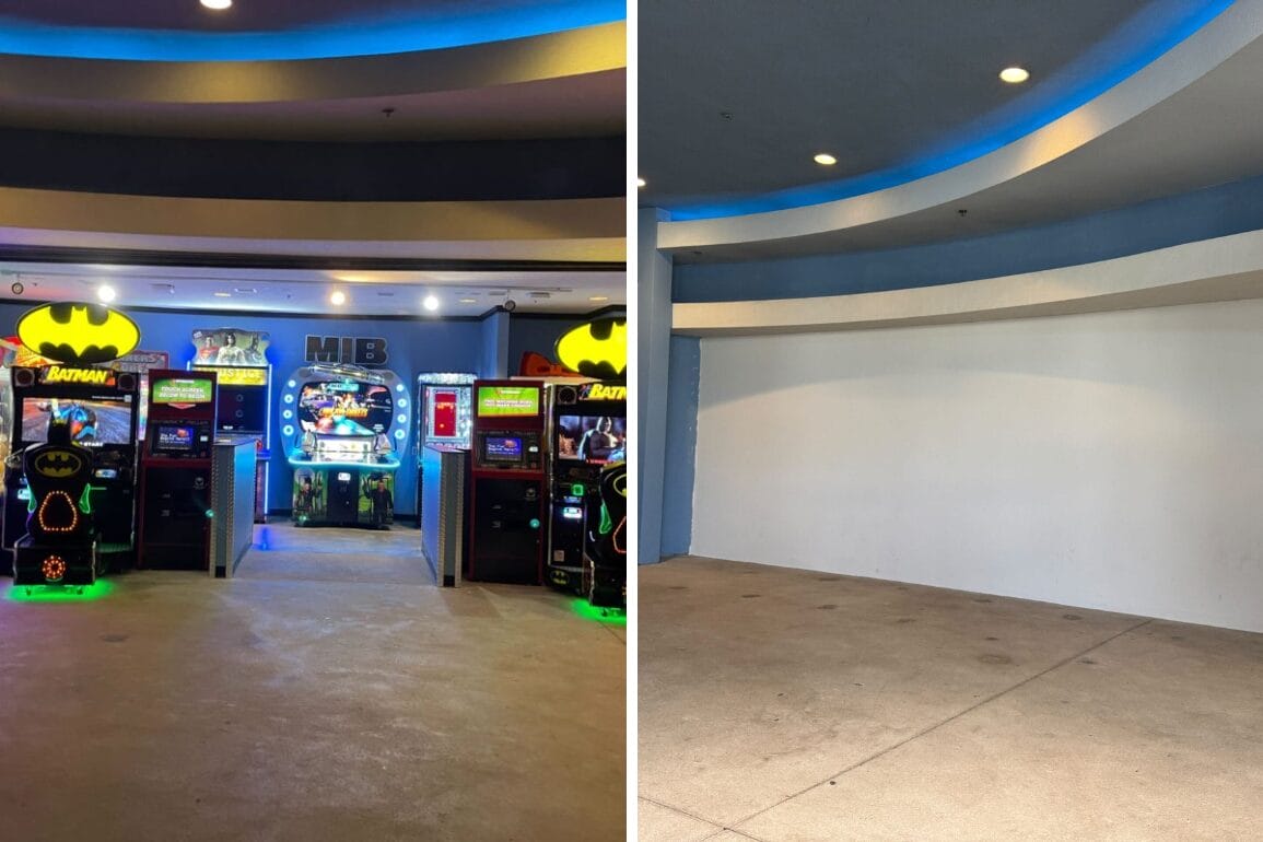 Left: vibrant game machines fill the bustling arcade at Universal Studios Florida. Right: a transformed space, with MIB Gear Shop peeking through where machines once stood, framed by permanent walls defining a new adventure.