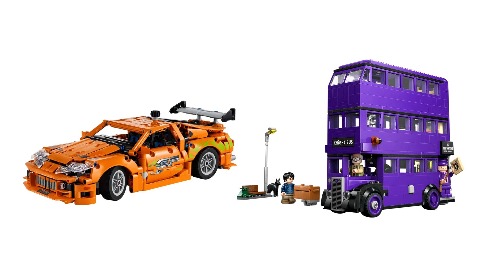 LEGO models of an orange sports car and a purple double-decker bus, reminiscent of the Fast and Furious films, with mini figures and small accessories in between.