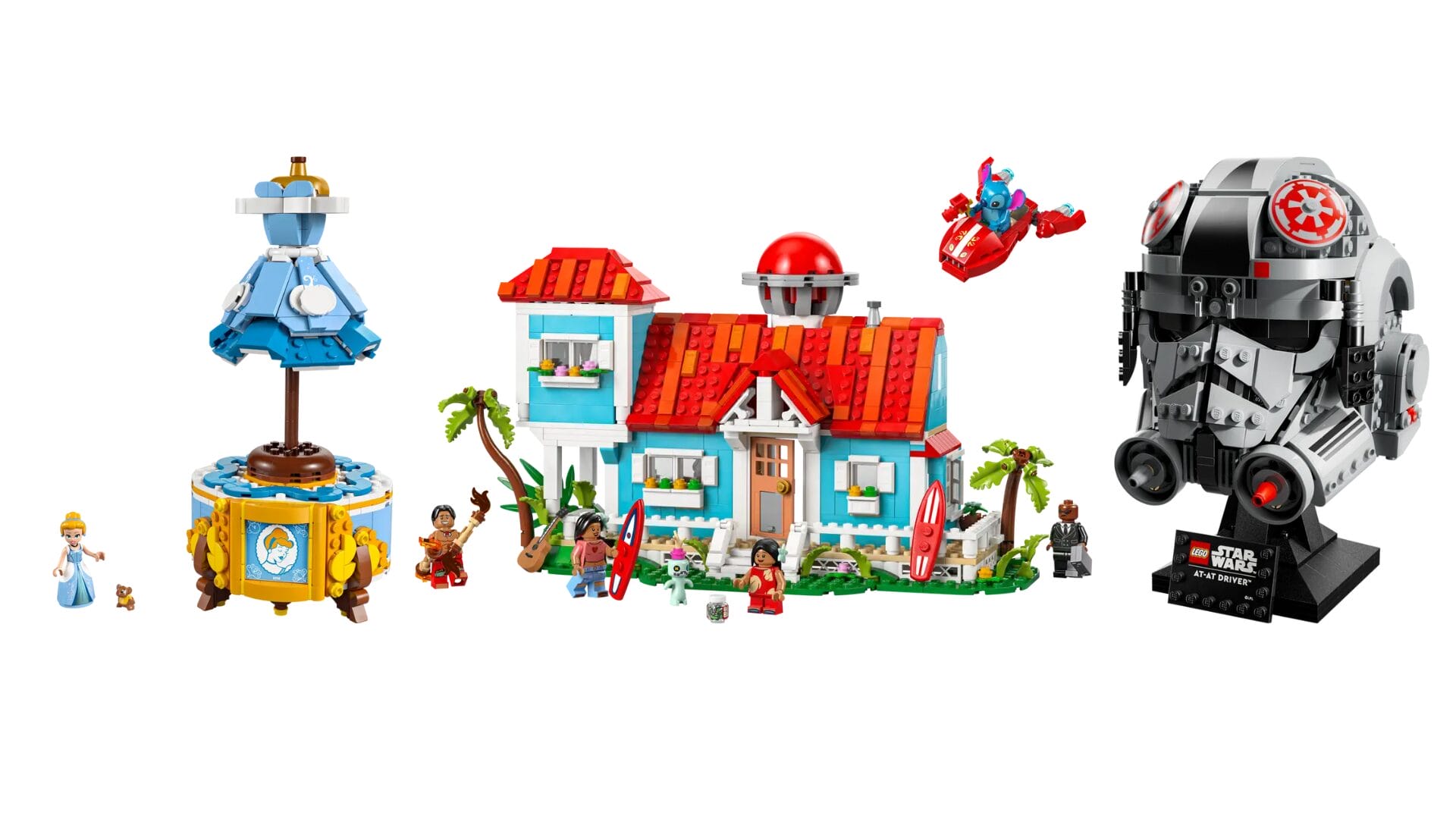 Explore the vibrant LEGO collection featuring a blue and white carousel, a colorful house with playful figures and accessories, a sleek flying vehicle, and an impressive Star Wars helmet model proudly displayed on its stand.