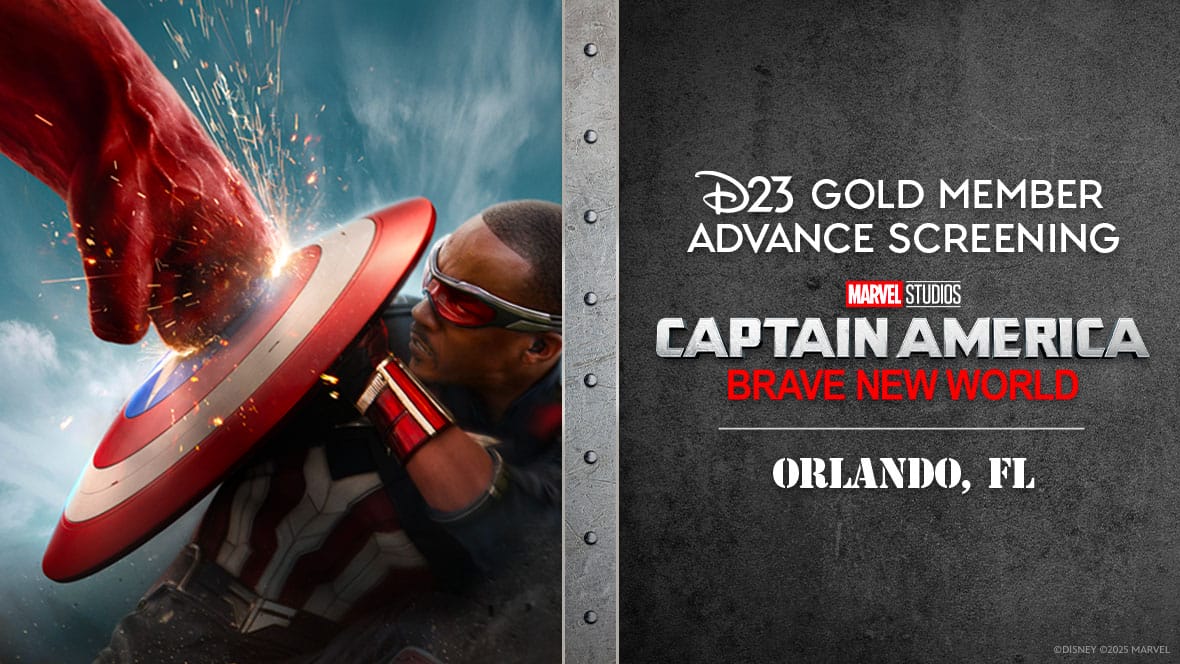 Promotional image for the advance screening of "Captain America: Brave New World" in Orlando, FL. Exclusively for D23 Gold Members, it showcases our superhero heroically blocking a punch with his iconic shield.