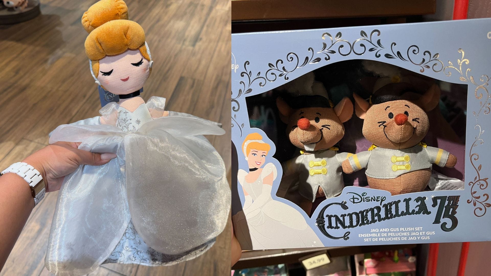 A person holds a Cinderella doll beside a boxed set containing Jaq and Gus plush toys, celebrating Disney's Cinderella 75th Anniversary in a store setting reminiscent of Walt Disney World magic.