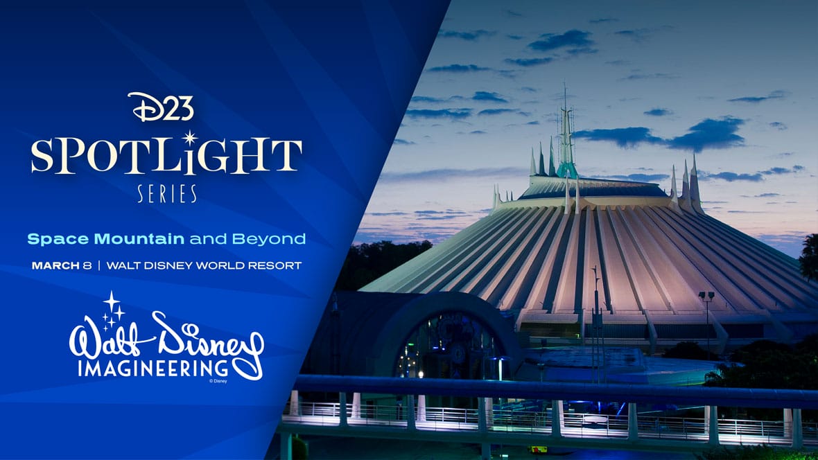 Promotional image for the D23 Spotlight Series showcases Space Mountain at sunset with dazzling event details, including "March 8, Walt Disney World Resort," and adorned with the Walt Disney Imagineering logo.