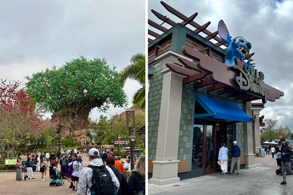 On the left, people walk near a large tree with animal carvings reminiscent of Disney's Animal Kingdom. On the right, a store entrance is topped with a Stitch figure, evoking the whimsical charm of Dino-Rama Games.