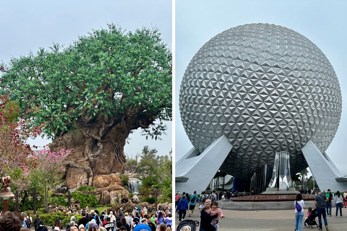 The image captures a bustling scene at EPCOT, with a large artificial tree on the left and the iconic geodesic sphere structure on the right, enveloped by eager crowds.