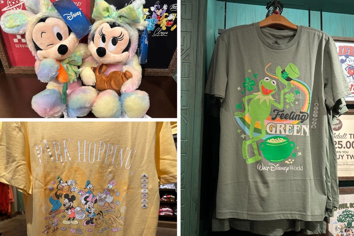 Collage featuring two plush Disney characters, a yellow t-shirt celebrating Walt Disney World park hopping, and a green Kermit St. Patrick's Day shirt with "Feeling Green" text.