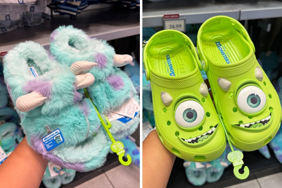 Left image: Fluffy blue and purple slippers with horns, reminiscent of Sulley. Right image: Green clogs featuring a cartoon eye and monster design, perfect for fans of Monsters Inc. and Mike Wazowski.
