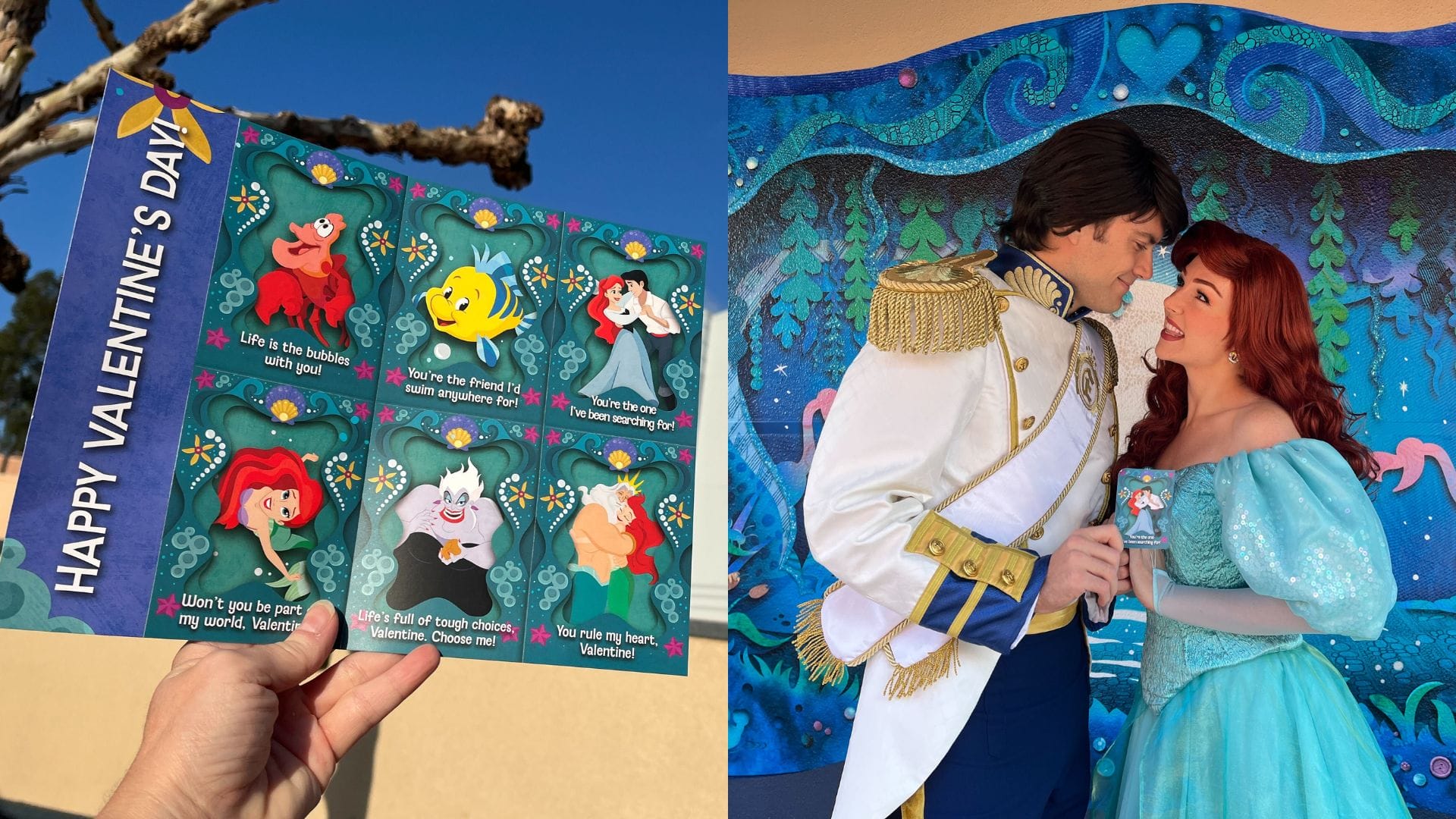 A person holds a Valentine's card featuring characters from The Little Mermaid, surrounded by Disney's Hollywood Studios magic. Beside it, two individuals in costume pose in front of an oceanic-themed backdrop.