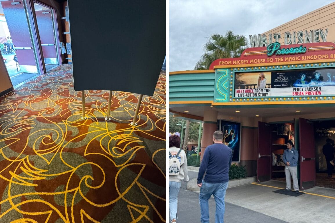 Indoor and outdoor views of a theater in Disney's Hollywood Studios. Left showcases intricate carpet work and a partial chalkboard, while the right displays the entrance with "Walt Disney Presents" signs, bustling with people near the entryway.