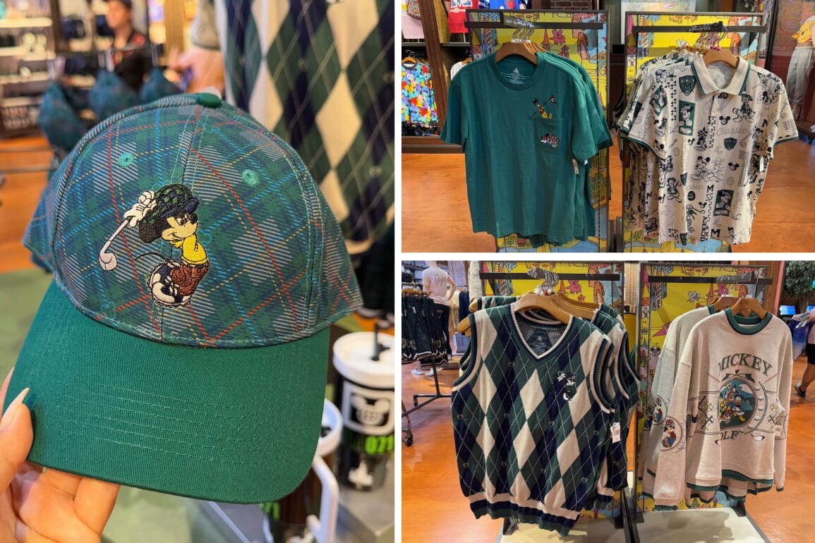 Collage of themed apparel: a Mickey Golf Apparel cap with a character golfing, green T-shirt, patterned polo shirts, argyle sweater vest, and a sweatshirt with a large graphic. Discover this new collection at Walt Disney World store.