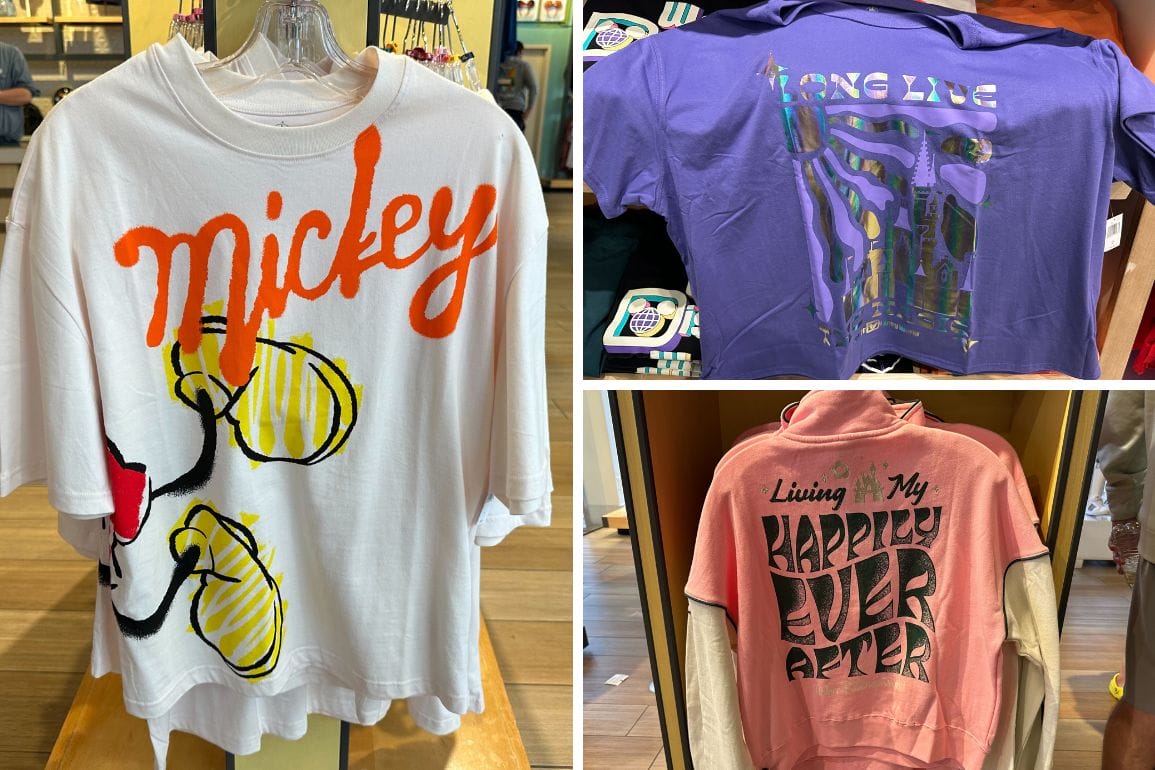 Displayed are three shirts as part of the Walt Disney World apparel collection: a white shirt featuring "Mickey" and his classic character, a purple shirt with "Long Live" and an abstract design, and a pink shirt stating "Living in My Happily Ever After.