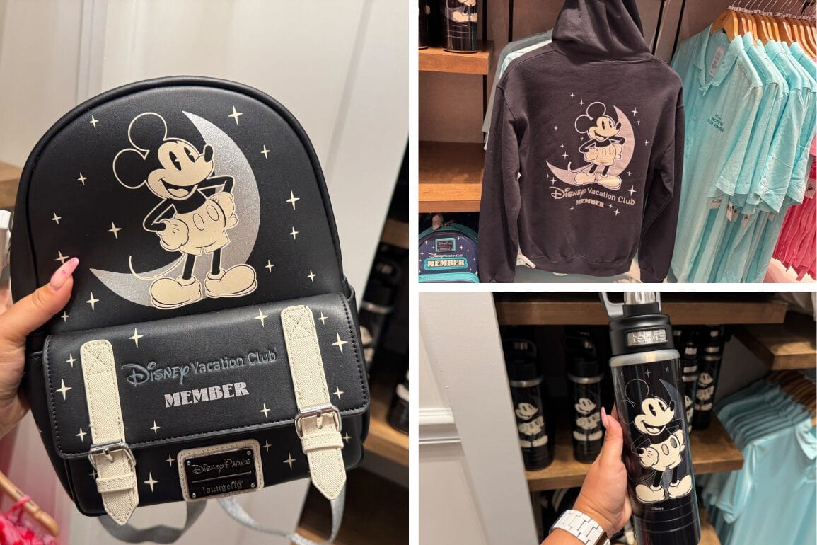 Walt Disney World merchandise featuring Mickey Mouse-themed items, like a sleek black backpack, cozy hoodie, and stylish water bottle, on display in the store.
