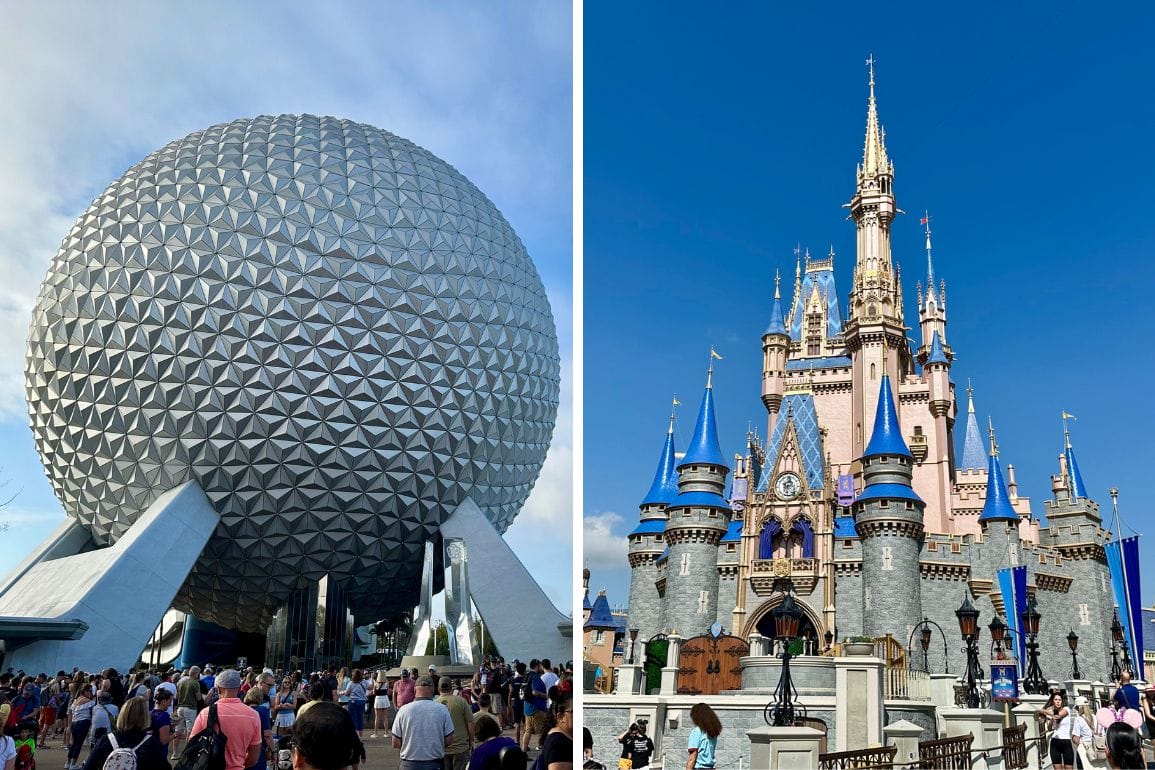 Left: A crowd gathers near the large geodesic sphere at EPCOT. Right: Visitors explore the iconic Cinderella Castle at Magic Kingdom, adorned with blue and gold accents, celebrating Cinderella's 75th Anniversary Merchandise release. Both images showcase clear skies.