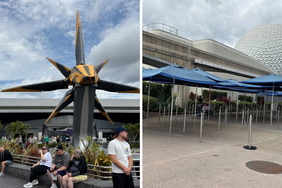 People sit near a futuristic sculpture of a spacecraft, part of the exciting new attraction, Guardians of the Galaxy: Cosmic Rewind. Adjacent, there are empty queue areas with blue umbrellas under a cloudy sky, hinting at an extended outdoor queue experience to come.