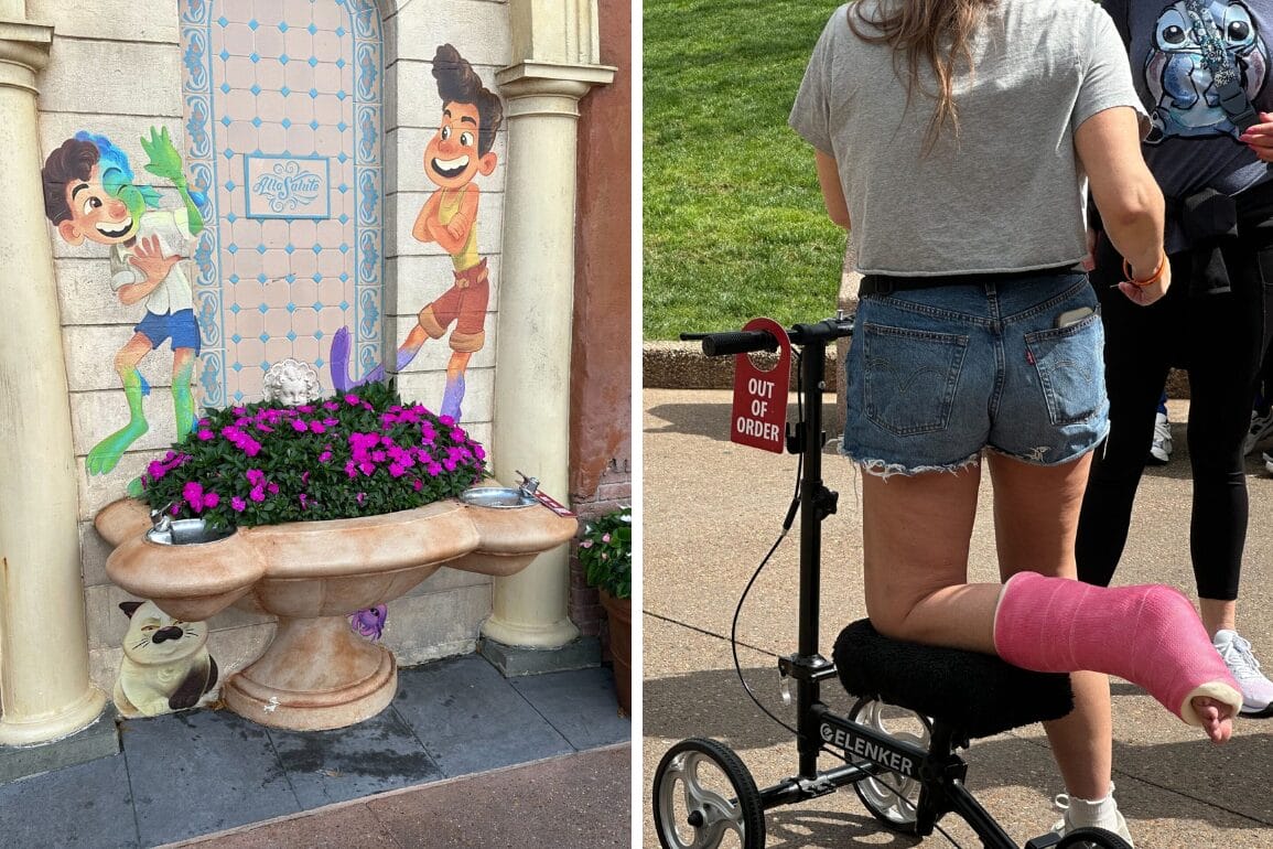Left: Decorative fountain with cartoon characters and flowers reminiscent of Epcot's charm. Right: A guest incident involves a person with a pink cast using an "out of order" knee scooter.