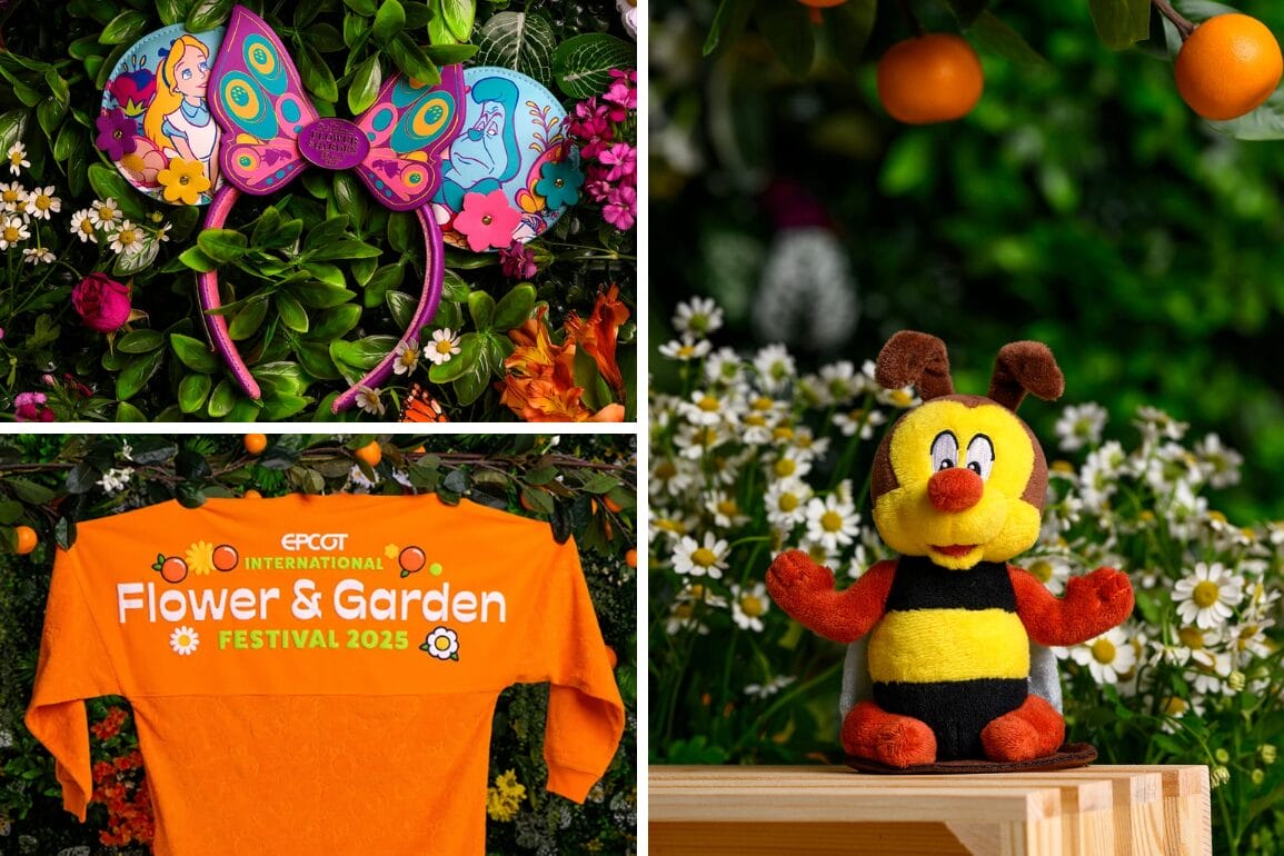 Orange EPCOT Flower & Garden Festival 2025 shirt, colorful butterfly ears, and a plush bee toy surrounded by lush greenery and vibrant flowers, showcasing exclusive festival merchandise.