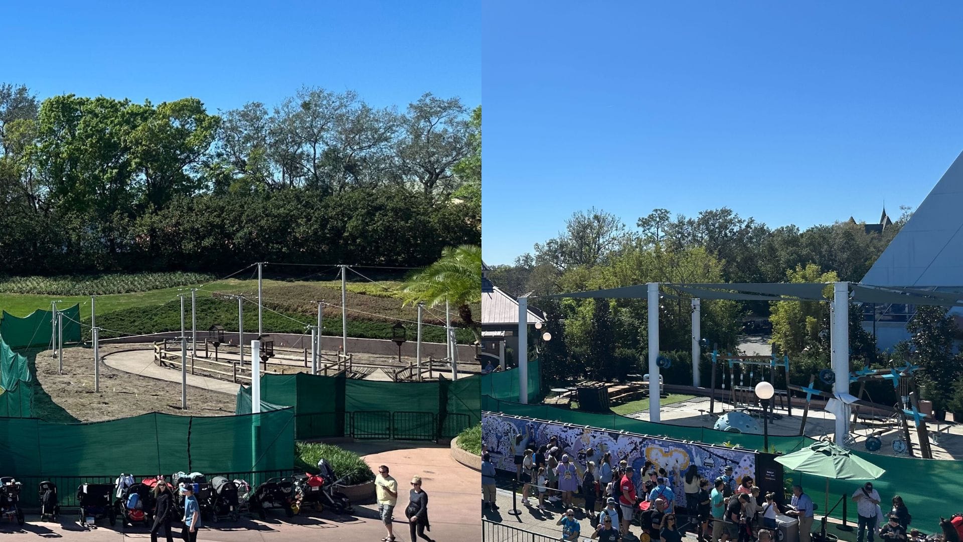 Side-by-side images showcase a construction site with green fencing, reminiscent of preparations for the EPCOT International Flower & Garden Festival, and a nearby area bustling with structures and a crowd. Trees stand tall against clear skies in the background.