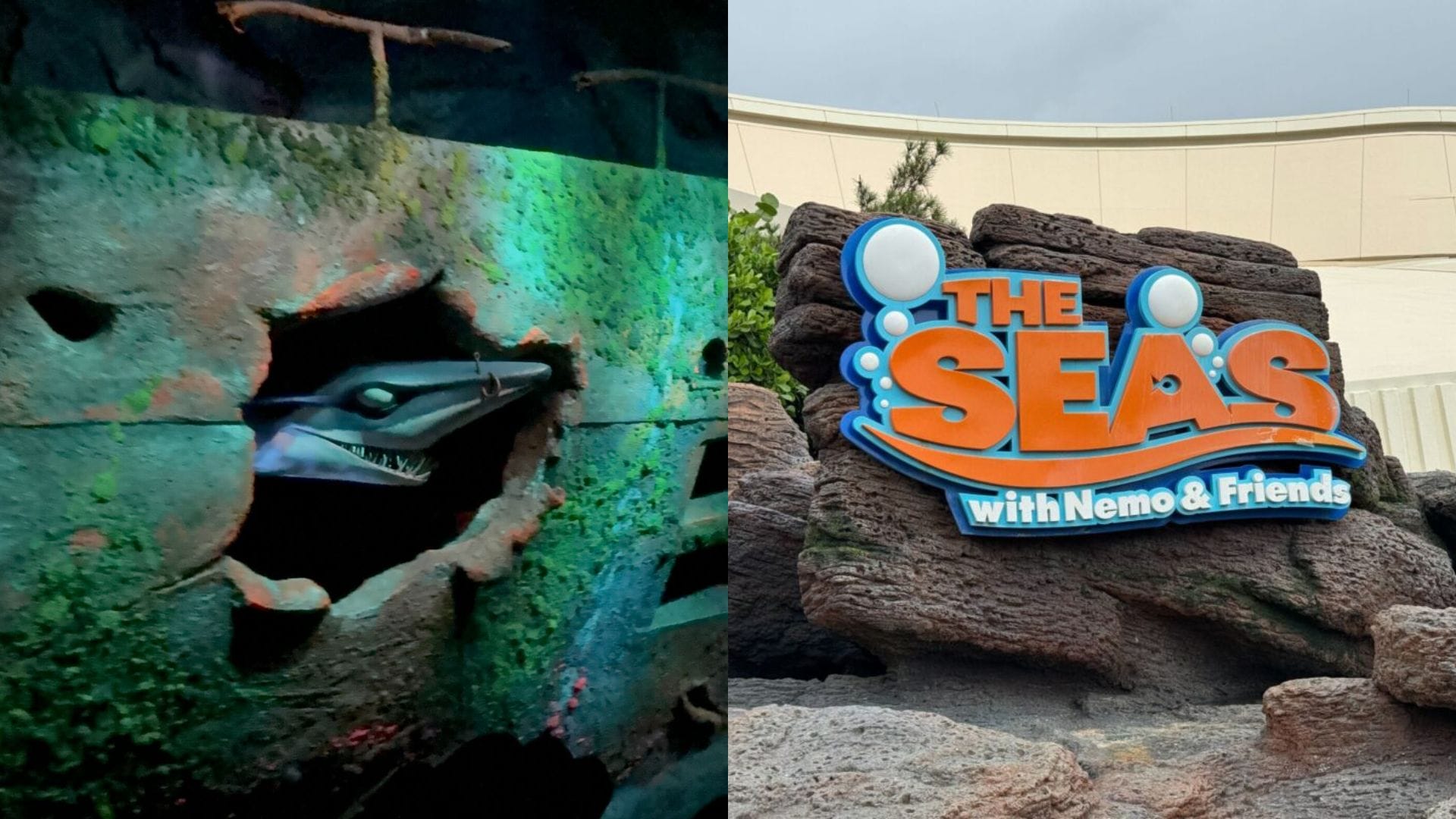 A Chum animatronic shark playfully peeks through a shipwreck next to "The Seas with Nemo & Friends" sign, set against the rocky backdrop of EPCOT's vibrant underwater adventure.