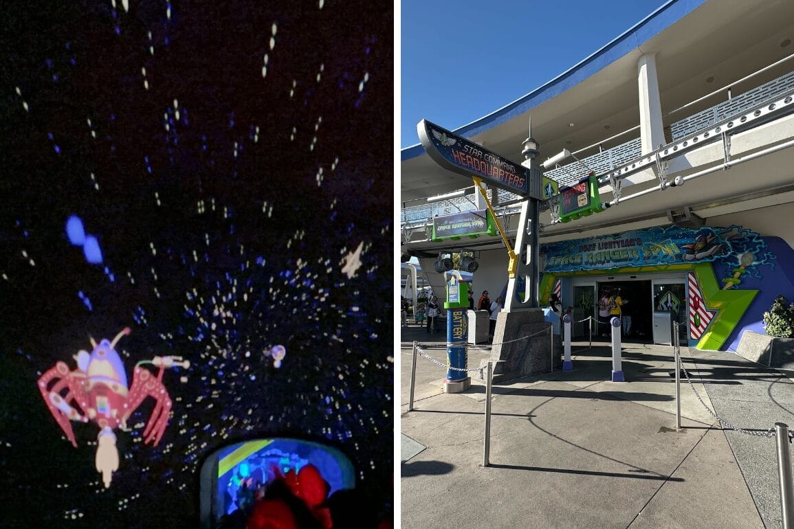Left: Interior view of an interactive space-themed ride with bright graphics. Right: Exterior of Buzz Lightyear's Space Ranger Spin attraction featuring signage and entrance area.