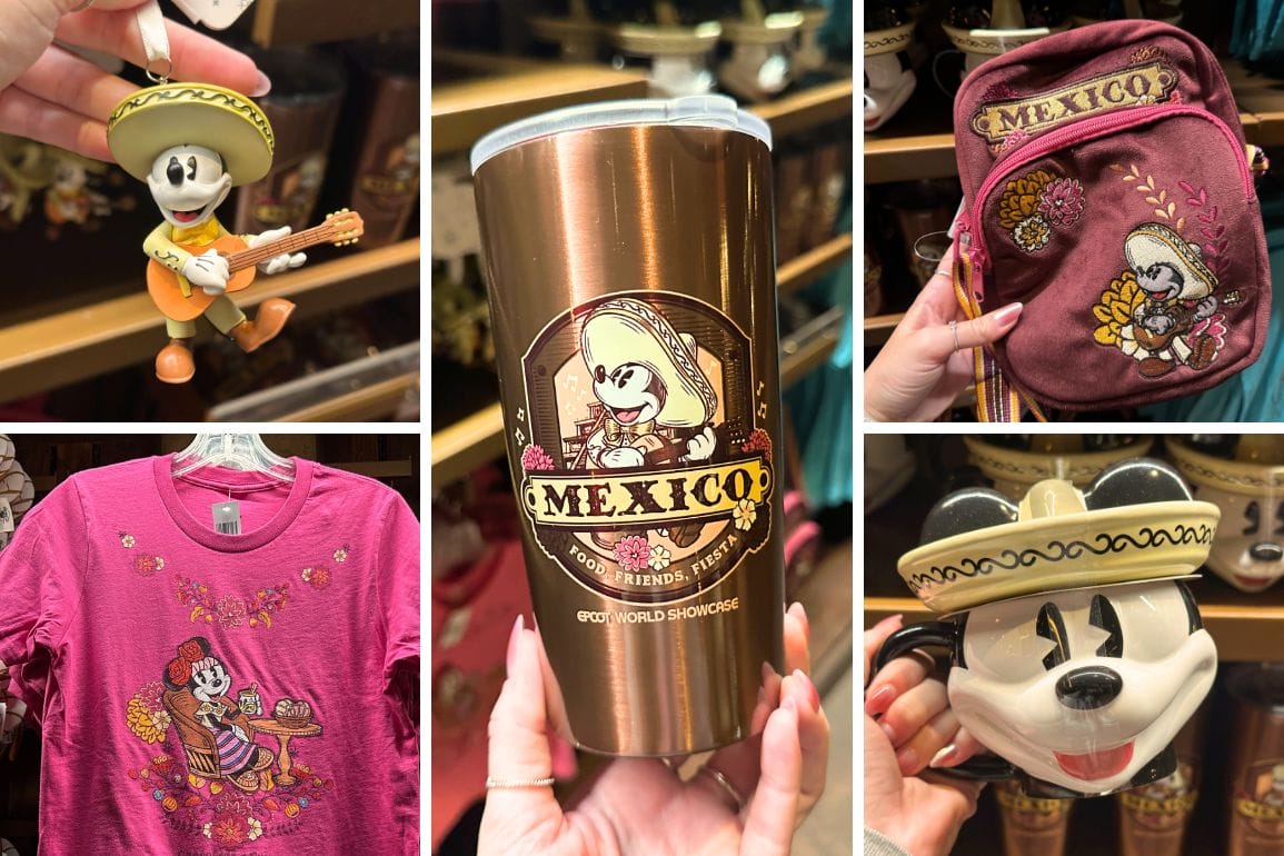 Collage of Disney merchandise with Mexican-themed designs, including a figurine, tumbler, and Mickey and Minnie backpack. Perfect for those who adore EPCOT's international flair in their collections.