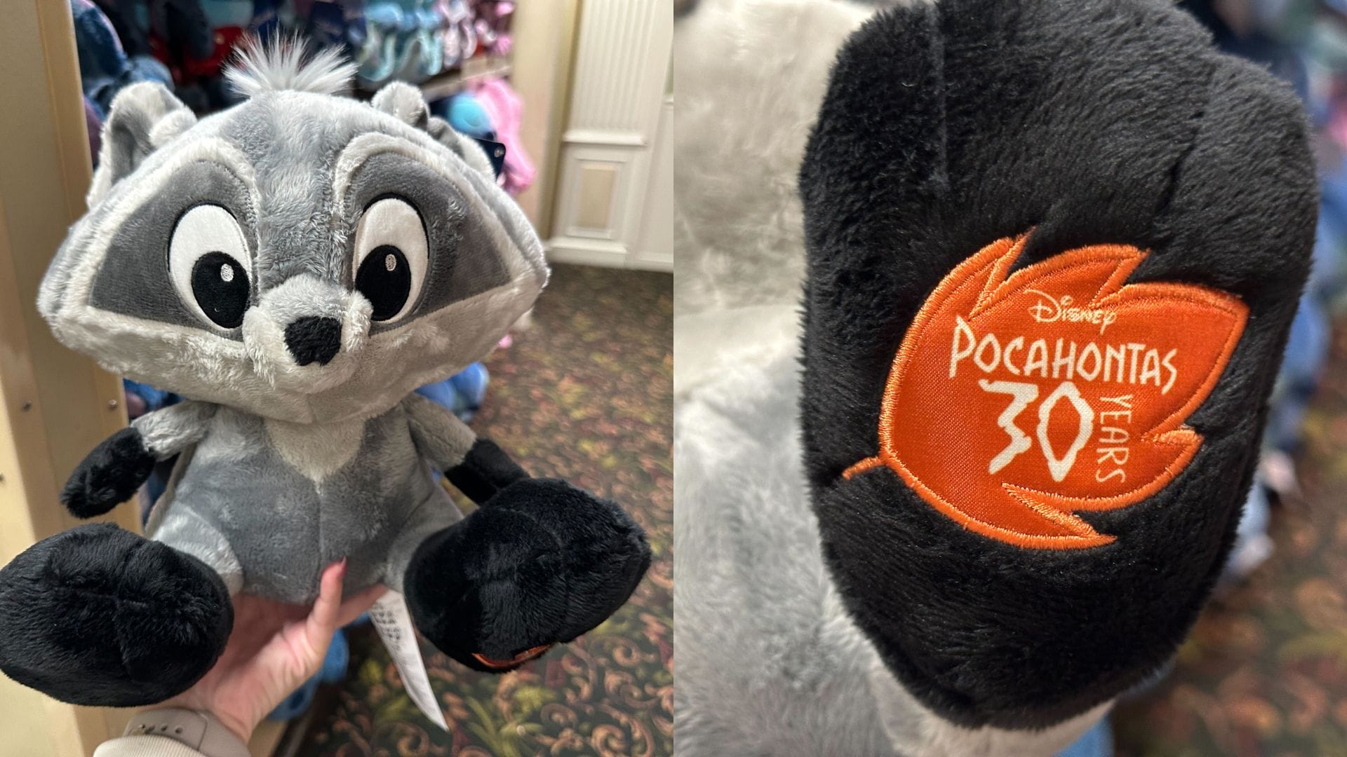 A charming Meeko plush raccoon toy, featuring a "Disney Pocahontas 30 Years" patch on its paw, is displayed in a hand amidst an assortment of plush toys.