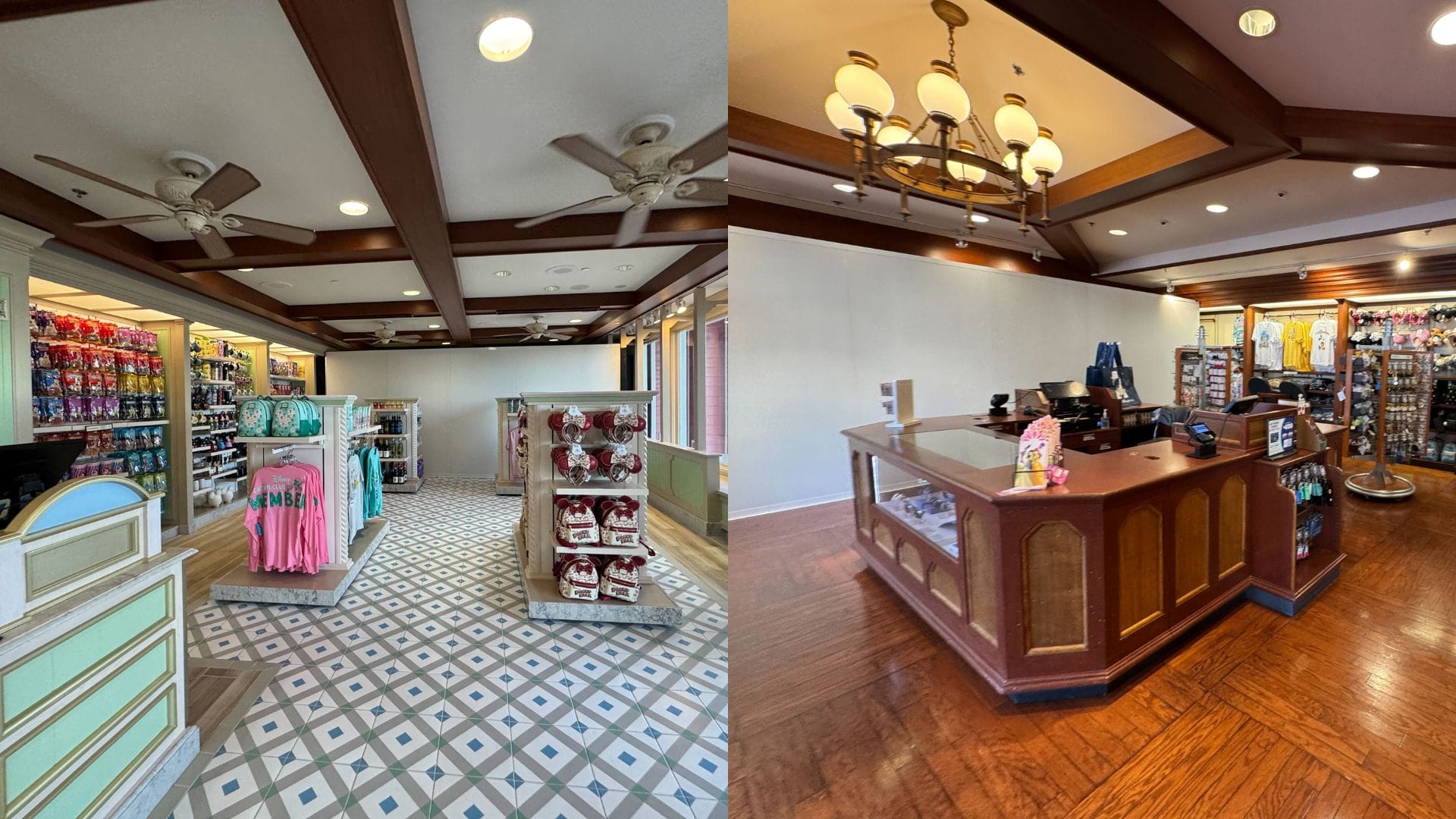 Two images of the Screen Door General Store interior: one with shelves of merchandise including clothes and mugs; the other showing a wooden counter with registers and decorative lighting above.