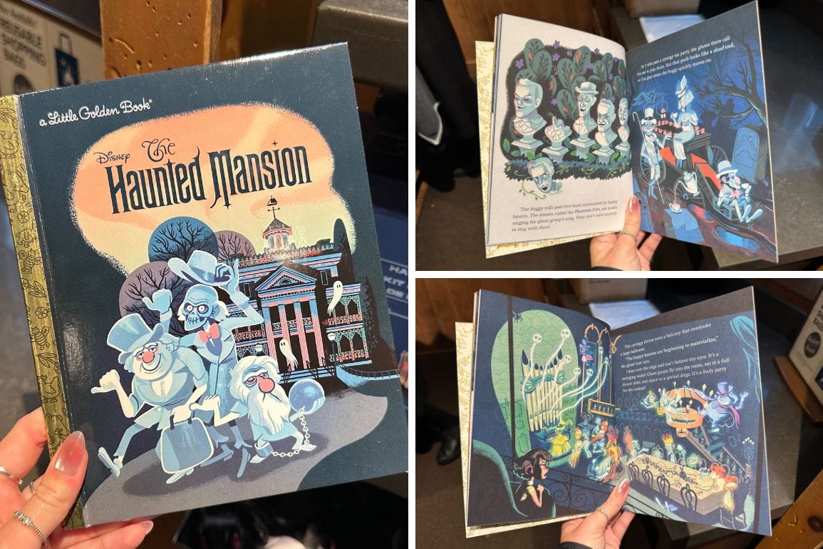 A person holds open a "The Haunted Mansion" Little Golden Book featuring illustrated pages with ghostly characters, capturing the spooky essence of this Walt Disney World favorite.