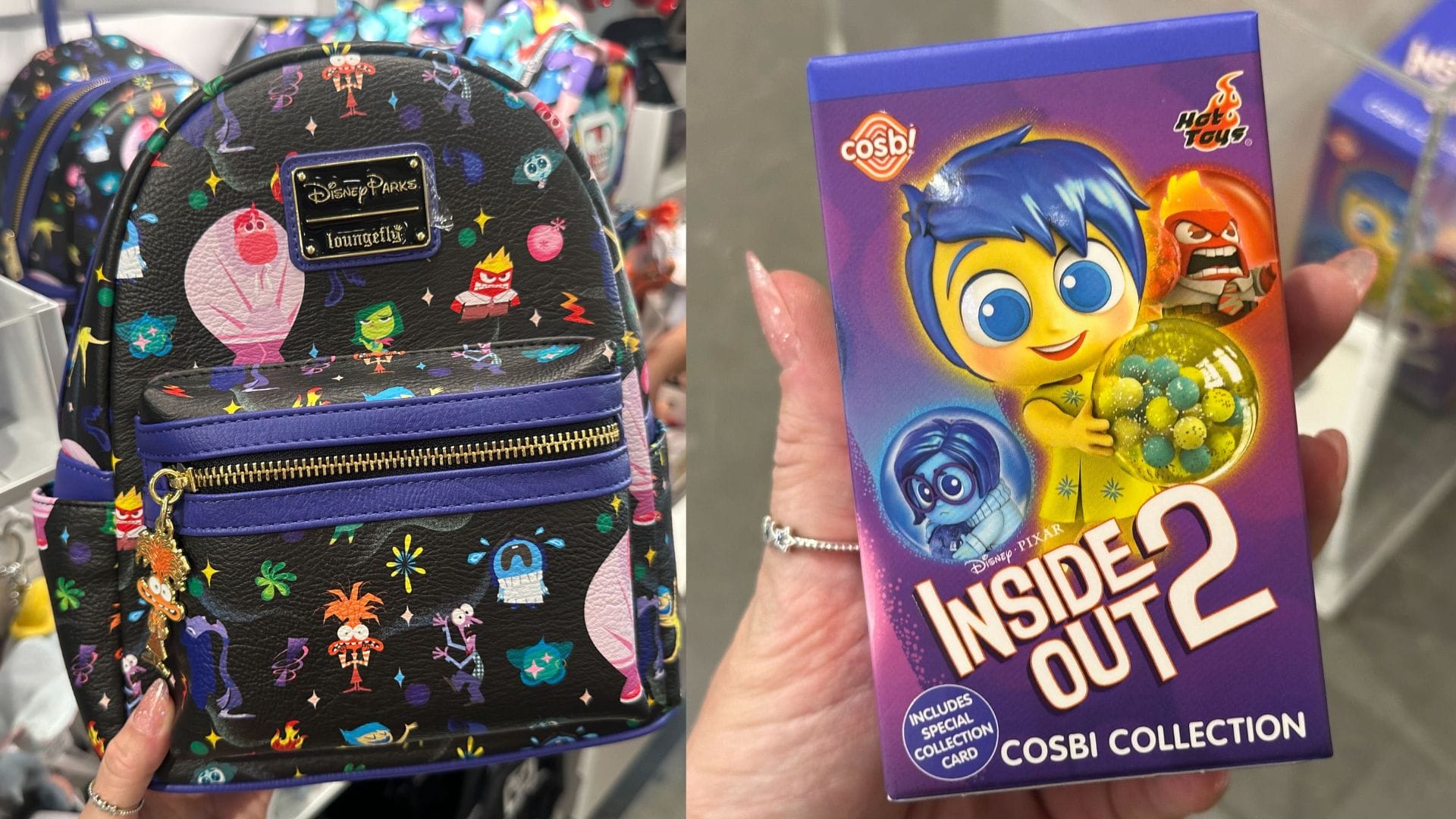 A black Loungefly backpack featuring "Disney Pixar" characters pairs perfectly with a hand holding the exclusive "Inside Out 2" Cosbi collectible box, both available at Disney Springs.