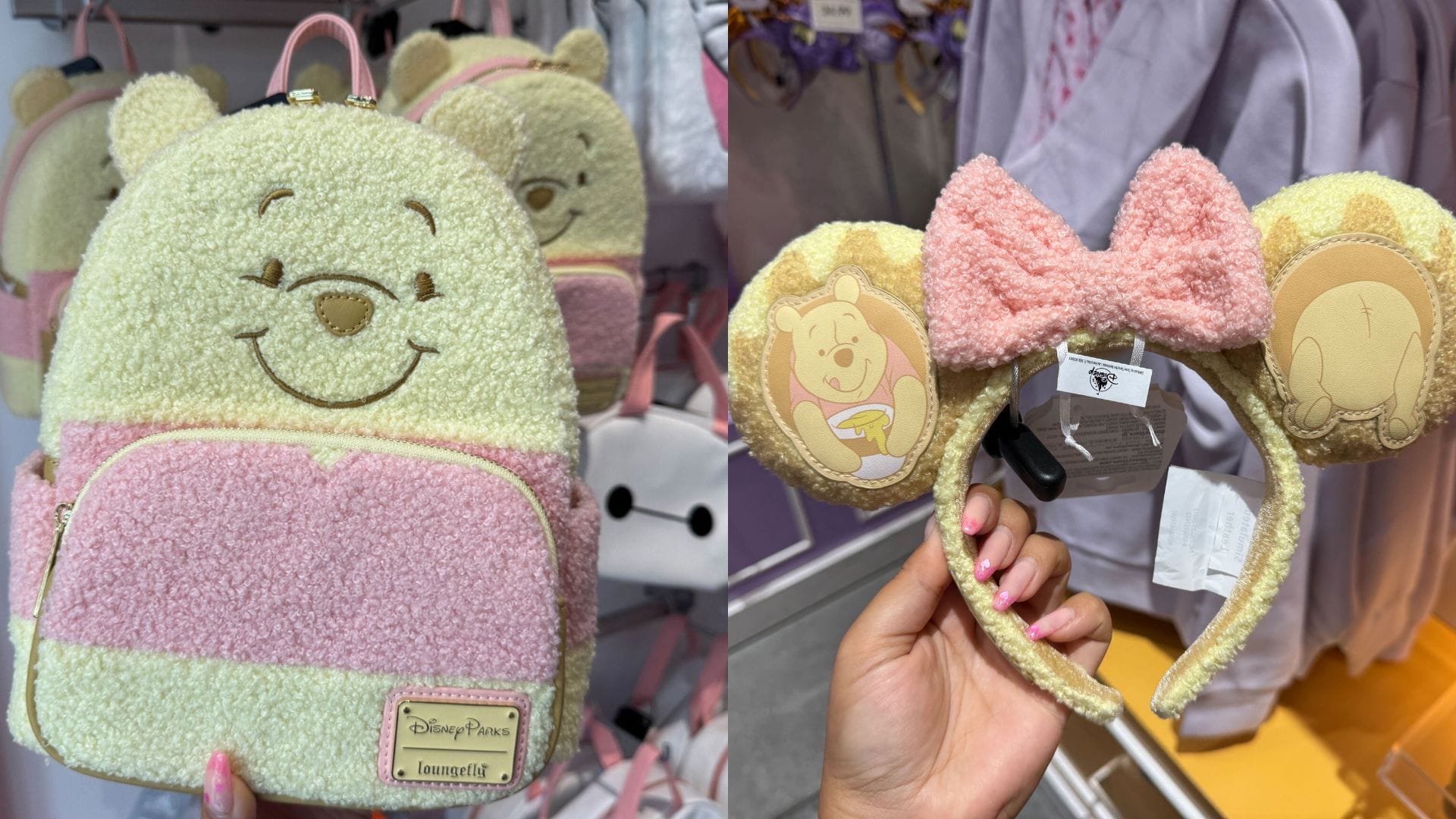 A charming display features a pink and yellow Winnie the Pooh Loungefly backpack paired with matching Minnie Mouse ears, both showcasing delightful Pooh designs, elegantly held in hand.