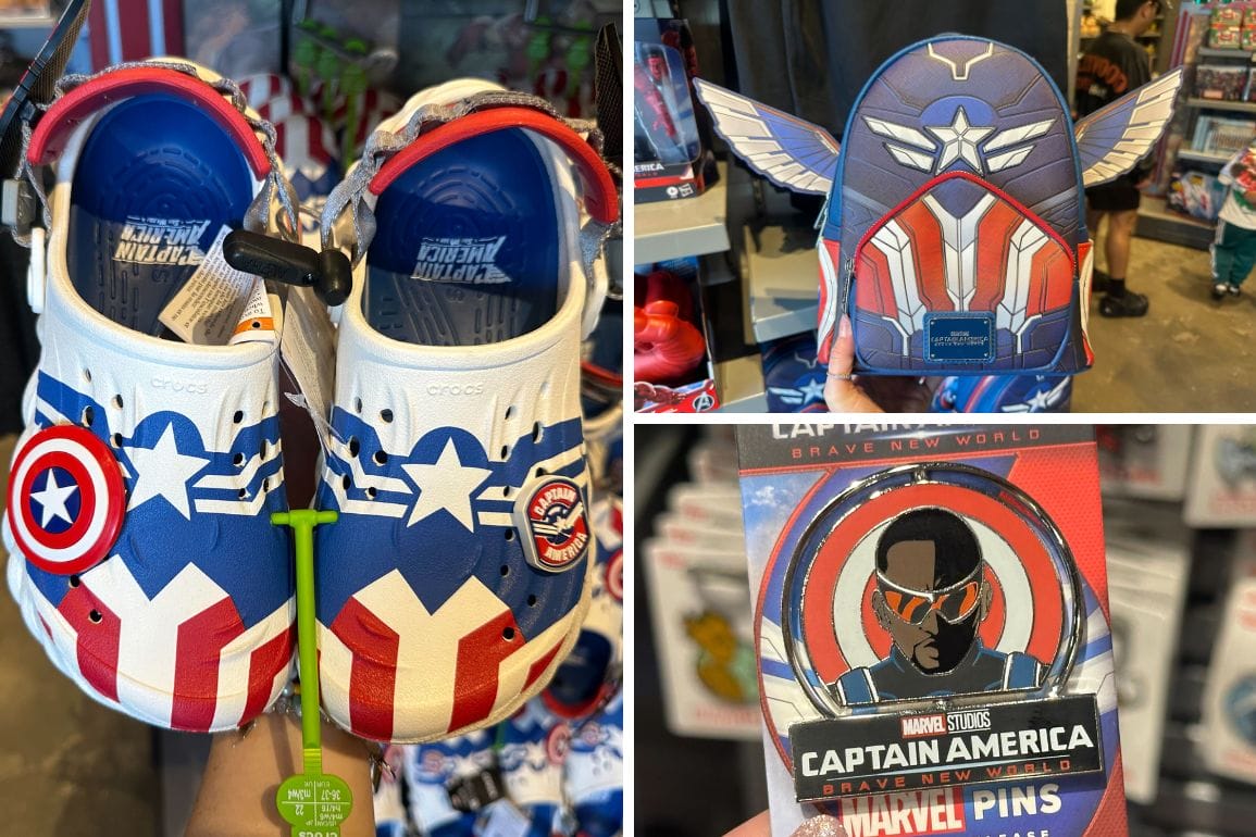 At Disney Springs, discover a brave new world of Captain America-themed merchandise, featuring red, white, and blue Crocs with the iconic shield design, a winged backpack, and a character pin on display in-store.