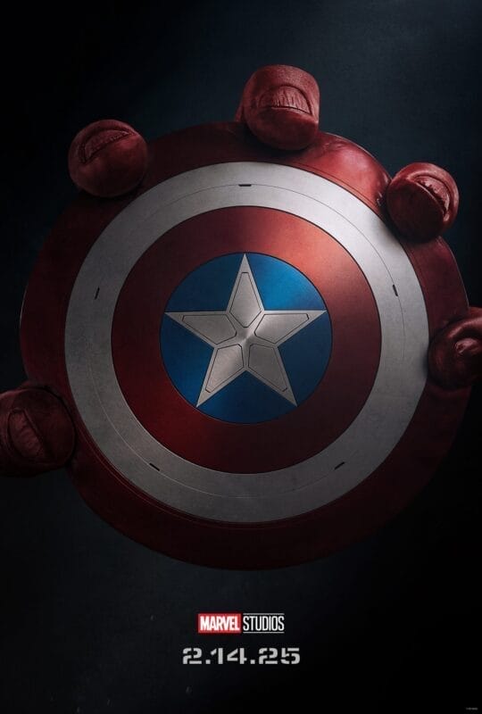 Poster of a circular shield with a star in the center, surrounded by red boxing gloves and striking red and white concentric circles. "2.14.25" and "Marvel Studios" adorn the bottom, heralding the upcoming Captain America adventure in this brave new world.