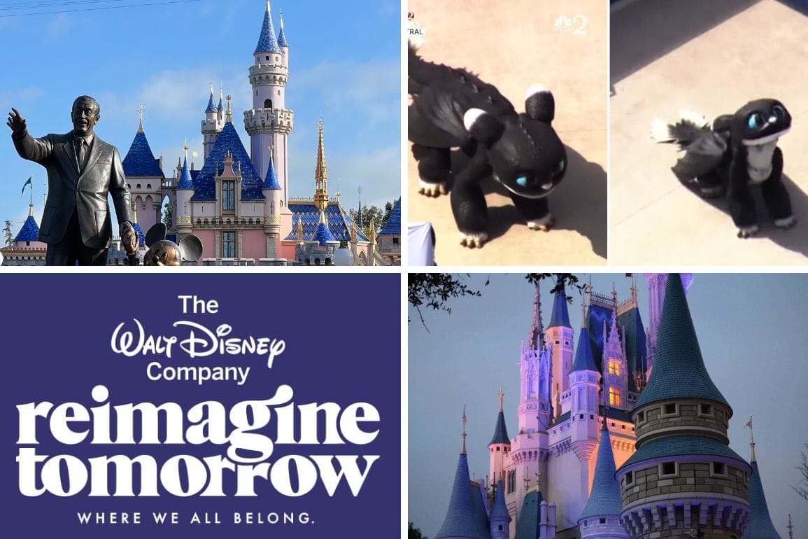 A collage featuring a Disney castle alongside the Toothless mascot highlights the company's commitment to "reimagine tomorrow." At twilight, the shimmering castle stands as a symbol of magic and wonder, while ongoing efforts to enhance Disability Access Service are subtly interwoven into its enchanting narrative.