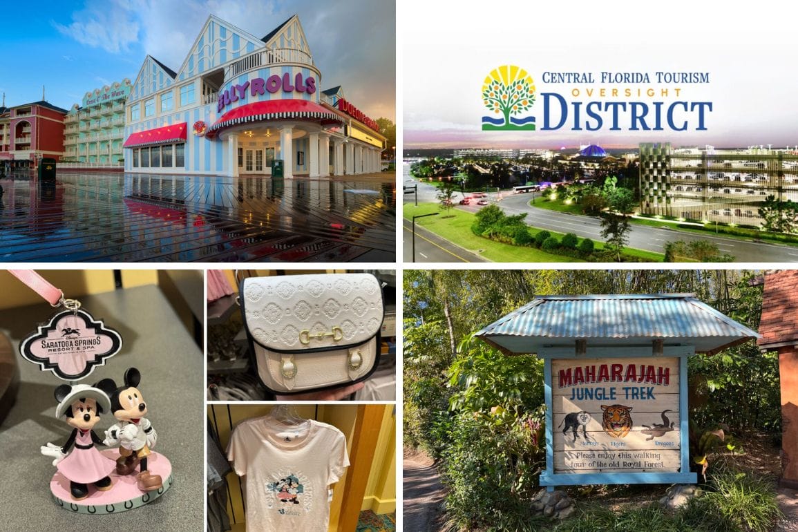 Collage of images: a candy store, Central Florida Tourism district sign, Minnie and Mickey souvenir, a T-shirt, and a Maharajah Jungle Trek sign. It's like a vibrant daily recap of adventures. Don't miss the charm of Disney’s BoardWalk amidst all this visual storytelling!.