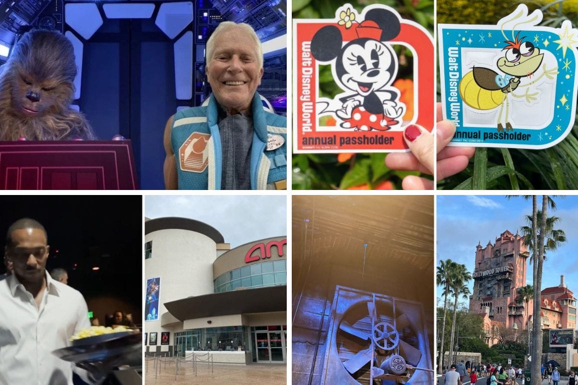 A vibrant collage showcases a Disneyland cast member bringing magic to life, a man proudly displaying his passholder sticker, enjoying delectable food, capturing the cinema's classic charm, with an industrial fan and thrilling tower ride adding dynamic flair.