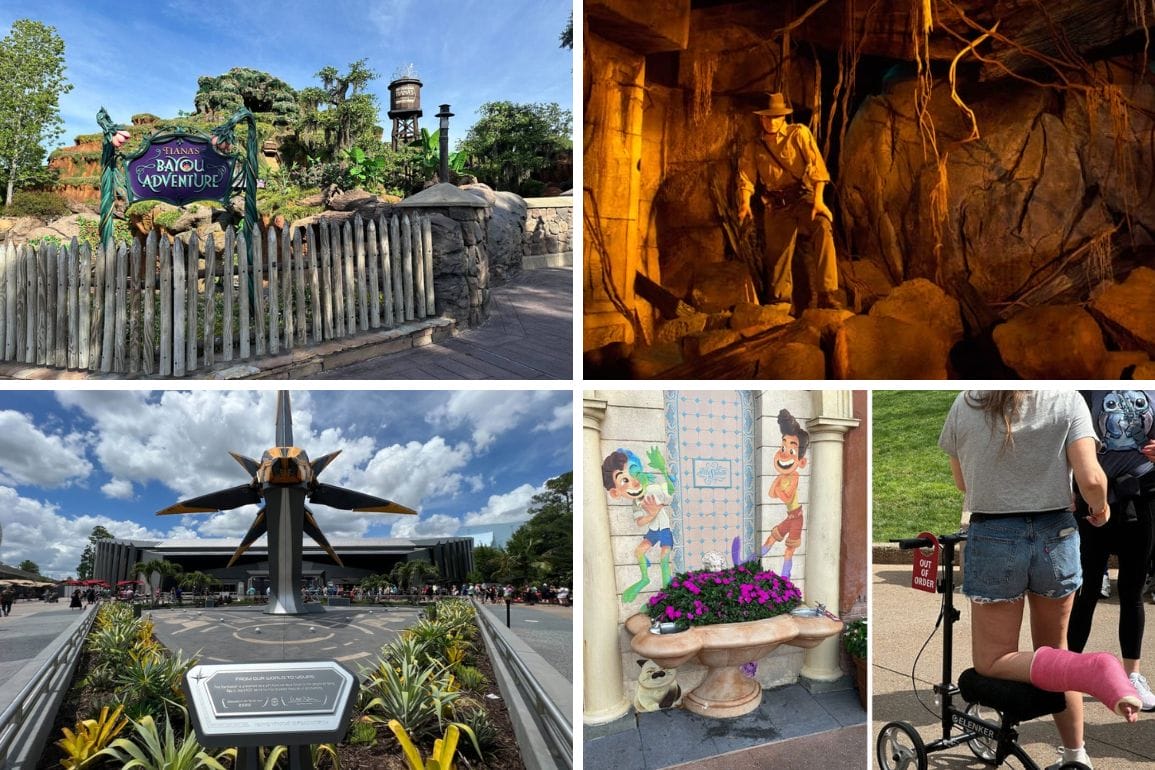 Four scenes: Jungle-themed ride entrance, explorer in a cave, futuristic aircraft display, and people near a character mural with a person using a knee scooter—all part of the exciting experiences at Disney World.