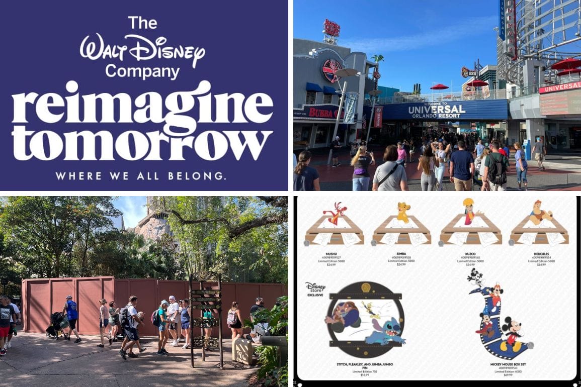 Collage featuring Disney's "Reimagine Tomorrow" logo, the Universal Studios entrance, a theme park construction site, and Walt Disney Company's DEI Initiative-themed merry-go-round designs.